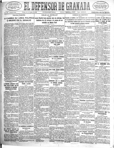 'El Defensor de Granada  : diario político independiente' - Año LIV Número 28931 Ed. Tarde - 1933 Octubre 20