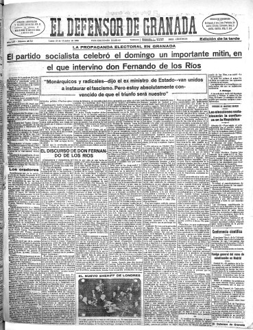 'El Defensor de Granada  : diario político independiente' - Año LIV Número 28935 Ed. Tarde - 1933 Octubre 23