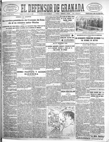 'El Defensor de Granada  : diario político independiente' - Año LIV Número 28936 Ed. Tarde - 1933 Octubre 24
