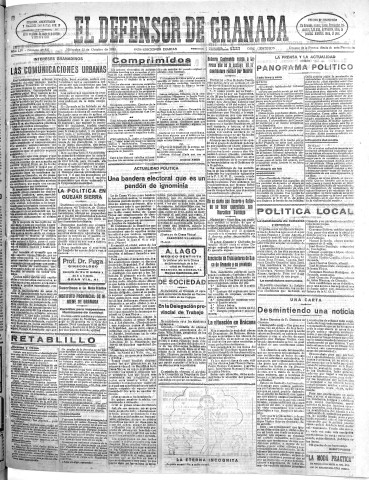 'El Defensor de Granada  : diario político independiente' - Año LIV Número 28937 Ed. Mañana - 1933 Octubre 25