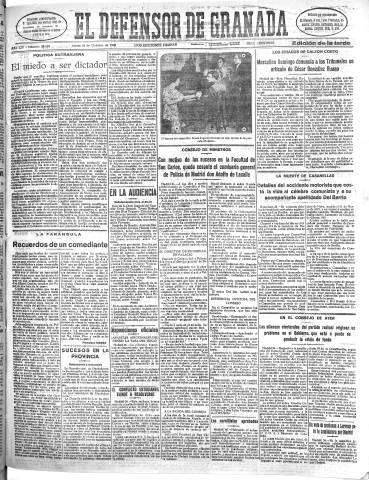 'El Defensor de Granada  : diario político independiente' - Año LIV Número 28939 Ed. Tarde - 1933 Octubre 26