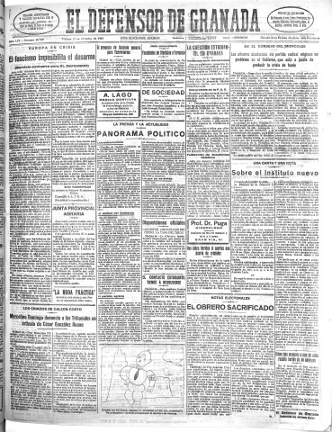 'El Defensor de Granada  : diario político independiente' - Año LIV Número 28940 Ed. Mañana - 1933 Octubre 27