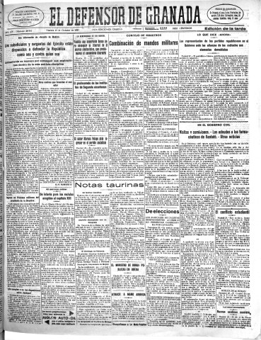 'El Defensor de Granada  : diario político independiente' - Año LIV Número 28941 Ed. Tarde - 1933 Octubre 27