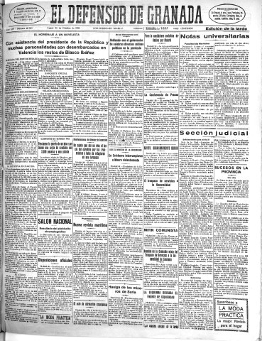 'El Defensor de Granada  : diario político independiente' - Año LIV Número 28945 Ed. Tarde - 1933 Octubre 30