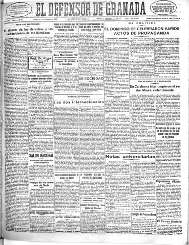 'El Defensor de Granada  : diario político independiente' - Año LIV Número 28946 Ed. Mañana - 1933 Octubre 31