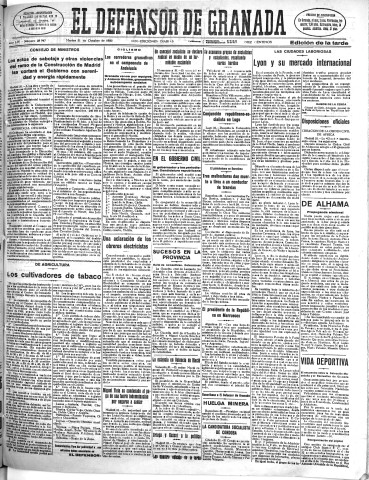 'El Defensor de Granada  : diario político independiente' - Año LIV Número 28947 Ed. Tarde - 1933 Octubre 31