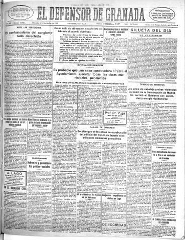 'El Defensor de Granada  : diario político independiente' - Año LIV Número 28948 Ed. Mañana - 1933 Noviembre 01