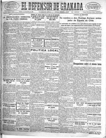 'El Defensor de Granada  : diario político independiente' - Año LIV Número 28952 Ed. Mañana - 1933 Noviembre 03