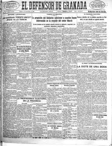 'El Defensor de Granada  : diario político independiente' - Año LIV Número 28953 Ed. Tarde - 1933 Noviembre 03