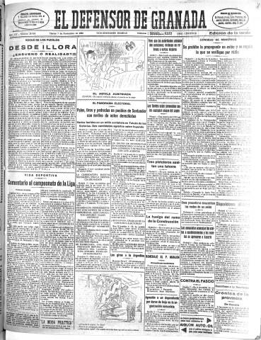'El Defensor de Granada  : diario político independiente' - Año LIV Número 28959 Ed. Tarde - 1933 Noviembre 07