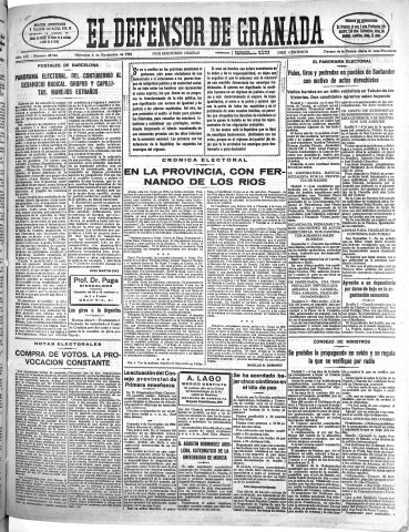 'El Defensor de Granada  : diario político independiente' - Año LIV Número 28960 Ed. Mañana - 1933 Noviembre 08