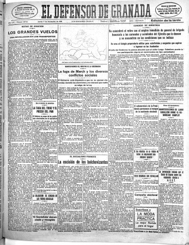 'El Defensor de Granada  : diario político independiente' - Año LIV Número 28963 Ed. Tarde - 1933 Noviembre 09