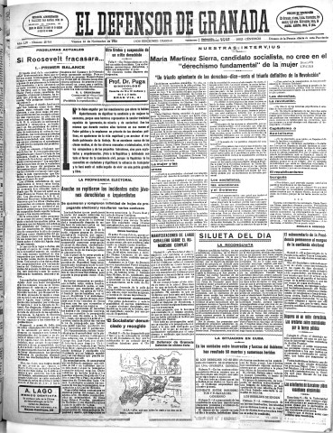 'El Defensor de Granada  : diario político independiente' - Año LIV Número 28964 Ed. Mañana - 1933 Noviembre 10