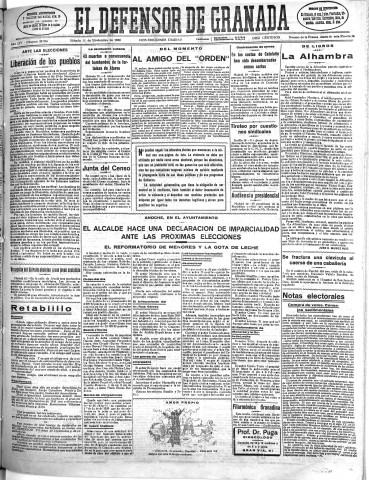 'El Defensor de Granada  : diario político independiente' - Año LIV Número 28966 Ed. Mañana - 1933 Noviembre 11