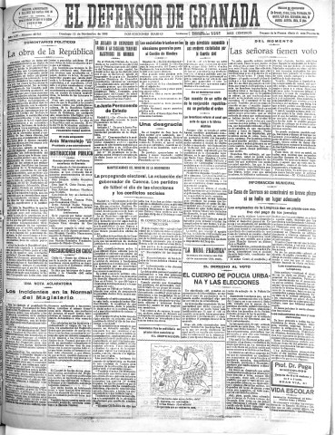 'El Defensor de Granada  : diario político independiente' - Año LIV Número 28968 Ed. Mañana - 1933 Noviembre 12