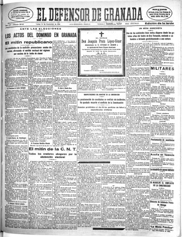 'El Defensor de Granada  : diario político independiente' - Año LIV Número 28969 Ed. Tarde - 1933 Noviembre 13