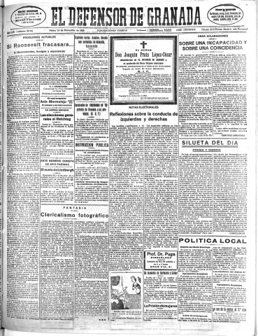'El Defensor de Granada  : diario político independiente' - Año LIV Número 28970 Ed. Mañana - 1933 Noviembre 14