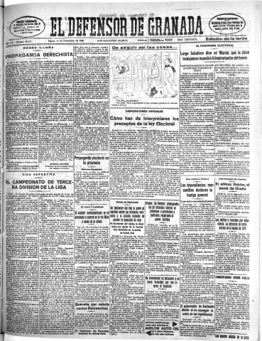 'El Defensor de Granada  : diario político independiente' - Año LIV Número 28971 Ed. Tarde - 1933 Noviembre 14