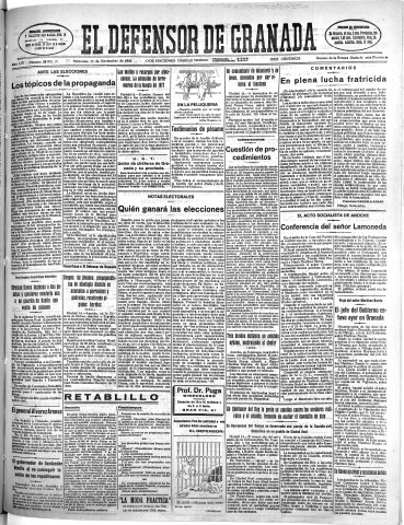 'El Defensor de Granada  : diario político independiente' - Año LIV Número 28972 Ed. Mañana - 1933 Noviembre 15