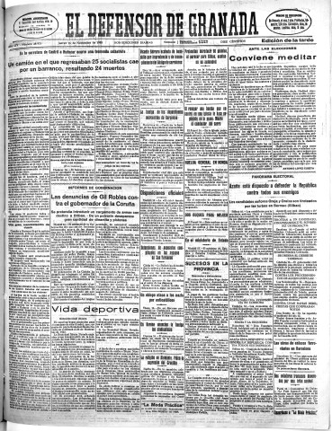 'El Defensor de Granada  : diario político independiente' - Año LIV Número 28975 Ed. Tarde - 1933 Noviembre 16