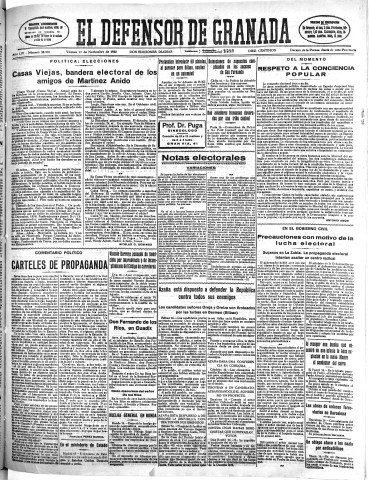 'El Defensor de Granada  : diario político independiente' - Año LIV Número 28976 Ed. Mañana - 1933 Noviembre 17