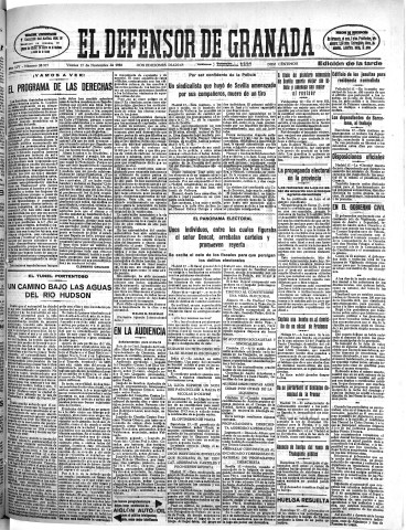 'El Defensor de Granada  : diario político independiente' - Año LIV Número 28977 Ed. Tarde - 1933 Noviembre 17