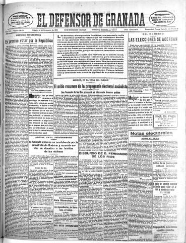 'El Defensor de Granada  : diario político independiente' - Año LIV Número 28978 Ed. Mañana - 1933 Noviembre 18