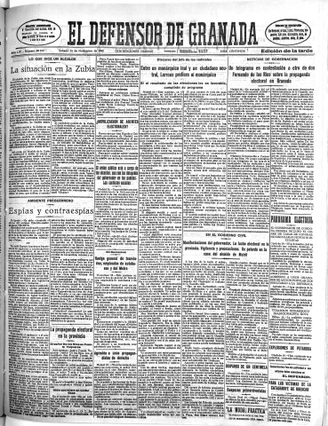 'El Defensor de Granada  : diario político independiente' - Año LIV Número 28979 Ed. Tarde - 1933 Noviembre 18