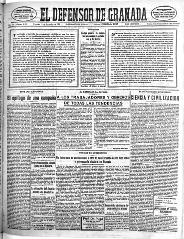 'El Defensor de Granada  : diario político independiente' - Año LIV Número 28980 Ed. Mañana - 1933 Noviembre 19
