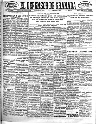 'El Defensor de Granada  : diario político independiente' - Año LIV Número 28985 Ed. Tarde - 1933 Noviembre 22