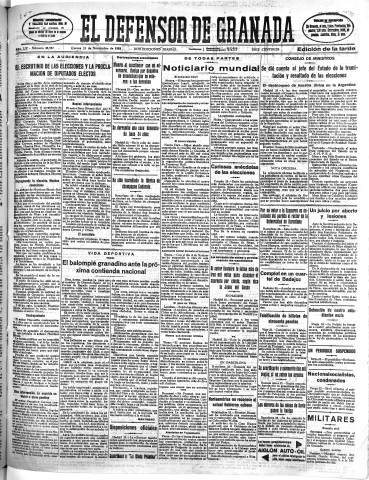 'El Defensor de Granada  : diario político independiente' - Año LIV Número 28987 Ed. Tarde - 1933 Noviembre 23