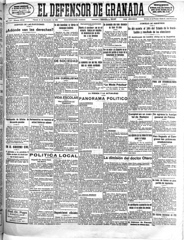 'El Defensor de Granada  : diario político independiente' - Año LIV Número 28988 Ed. Mañana - 1933 Noviembre 24