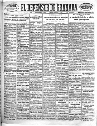 'El Defensor de Granada  : diario político independiente' - Año LIV Número 28989 Ed. Tarde - 1933 Noviembre 24
