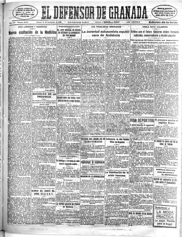 'El Defensor de Granada  : diario político independiente' - Año LIV Número 28991 Ed. Tarde - 1933 Noviembre 25