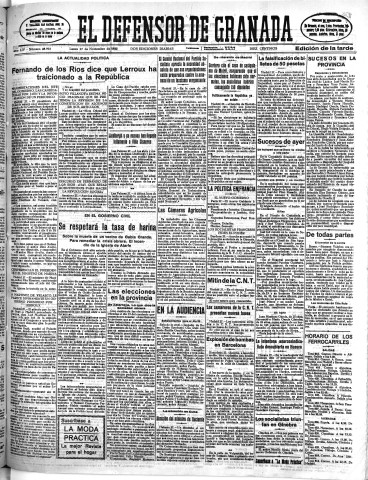 'El Defensor de Granada  : diario político independiente' - Año LIV Número 28993 Ed. Tarde - 1933 Noviembre 27