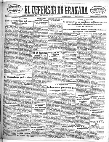 'El Defensor de Granada  : diario político independiente' - Año LIV Número 28995 Ed. Tarde - 1933 Noviembre 28