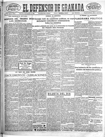'El Defensor de Granada  : diario político independiente' - Año LIV Número 28996 Ed. Mañana - 1933 Noviembre 29