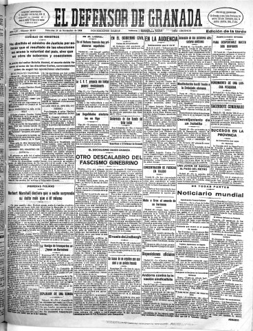 'El Defensor de Granada  : diario político independiente' - Año LIV Número 28997 Ed. Tarde - 1933 Noviembre 29