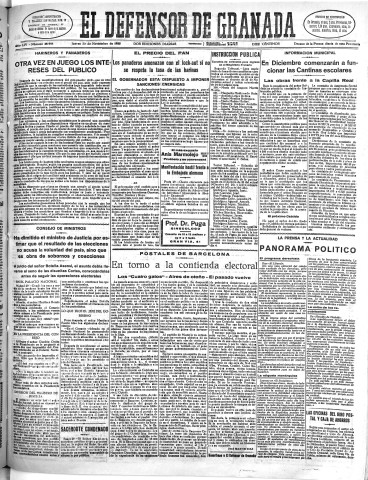 'El Defensor de Granada  : diario político independiente' - Año LIV Número 28998 Ed. Mañana - 1933 Noviembre 30