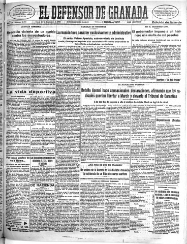 'El Defensor de Granada  : diario político independiente' - Año LIV Número 28999 Ed. Tarde - 1933 Noviembre 30
