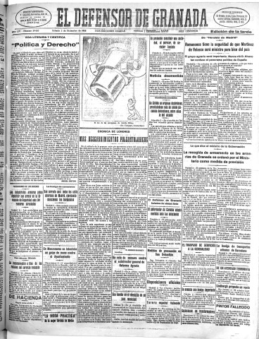 'El Defensor de Granada  : diario político independiente' - Año LIV Número 29003 Ed. Tarde - 1933 Diciembre 02