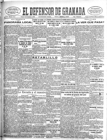 'El Defensor de Granada  : diario político independiente' - Año LIV Número 29011 Ed. Mañana - 1933 Diciembre 08