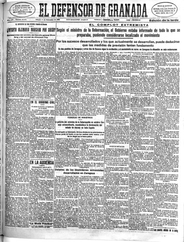 'El Defensor de Granada  : diario político independiente' - Año LIV Número 29014 Ed. Tarde - 1933 Diciembre 09