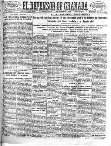 'El Defensor de Granada  : diario político independiente' - Año LIV Número 29018 Ed. Tarde - 1933 Diciembre 12