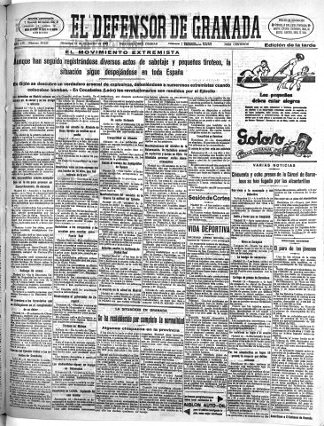 'El Defensor de Granada  : diario político independiente' - Año LIV Número 29020 Ed. Tarde - 1933 Diciembre 13