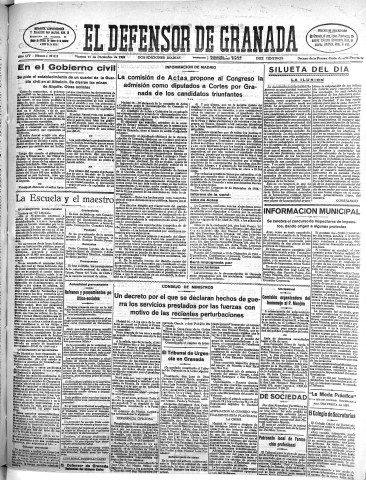 'El Defensor de Granada  : diario político independiente' - Año LIV Número 29023 Ed. Mañana - 1933 Diciembre 15