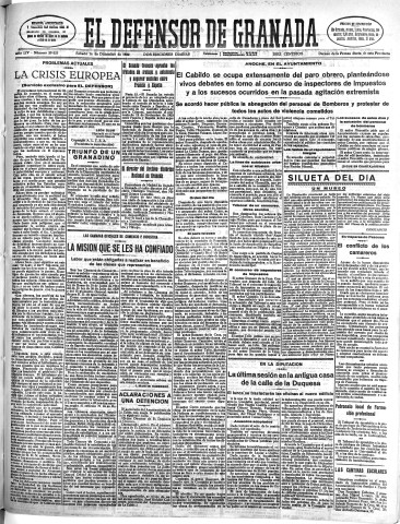 'El Defensor de Granada  : diario político independiente' - Año LIV Número 29025 Ed. Mañana - 1933 Diciembre 16