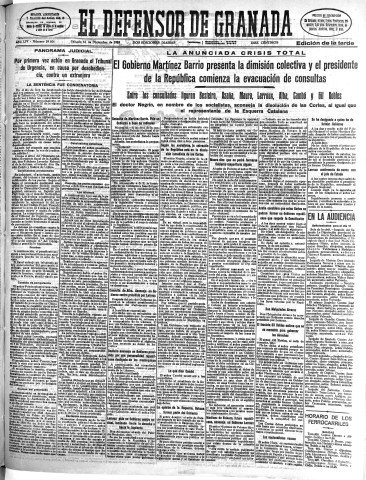 'El Defensor de Granada  : diario político independiente' - Año LIV Número 29026 Ed. Tarde - 1933 Diciembre 16