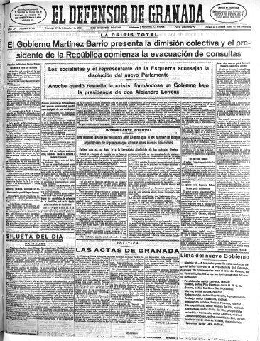 'El Defensor de Granada  : diario político independiente' - Año LIV Número 29027 Ed. Mañana - 1933 Diciembre 17
