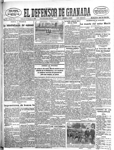 'El Defensor de Granada  : diario político independiente' - Año LIV Número 29042 Ed. Tarde - 1933 Diciembre 26